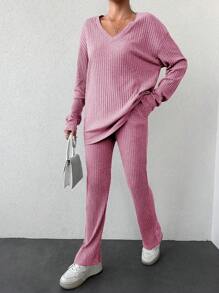 EURMUSE Women's Drop Shoulder Long T-shirt And Long Pants Set - Pink - View 5