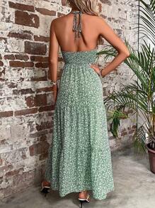 Breezaya Women's Floral Print Halterneck Swing Dress - Green - View 2