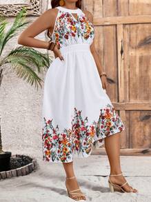 SHEIN LUNE Plus Size Sleeveless Floral Print Dress With Keyhole Neckline - White - View 3