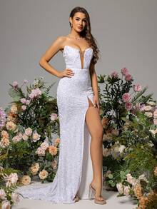 LOVE&LEMONADE Strapless Split White Wedding Dress - White - View 4