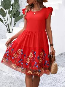 SHEIN VCAY Women's Floral Embroidery Dress With Ruffle Hem - Red - View 3