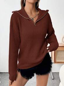 SHEIN Unity Của phụ nữ Màu thuần Giải trí Áo len - màu nâu - Xem 1