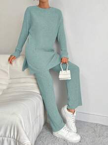 Conjunto De Dos Piezas Para Mujeres De Camiseta De Cuello Redondo De Color Sólido Con Rayas Y Pantalones