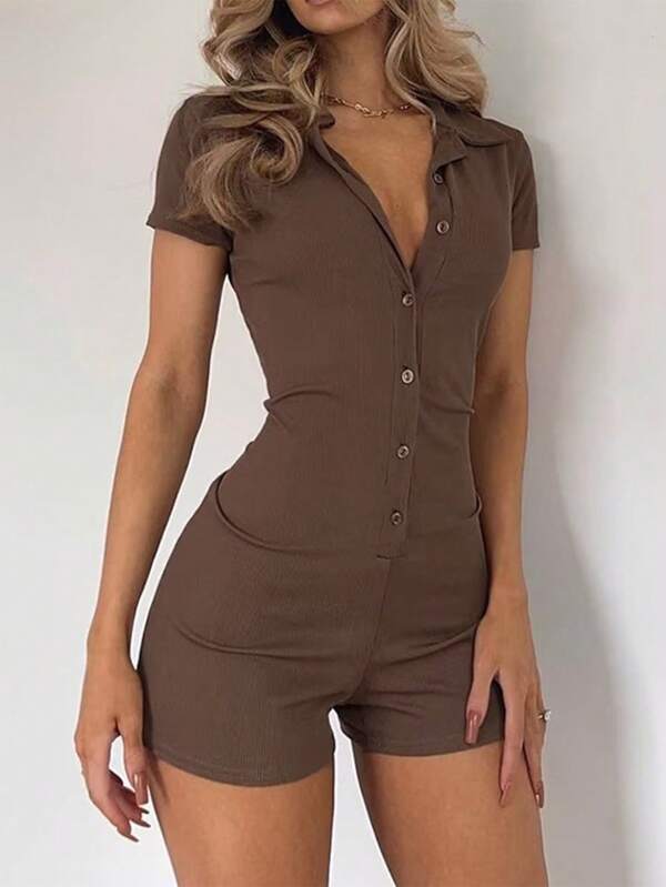 Solid Color Button Front Fitted Romper