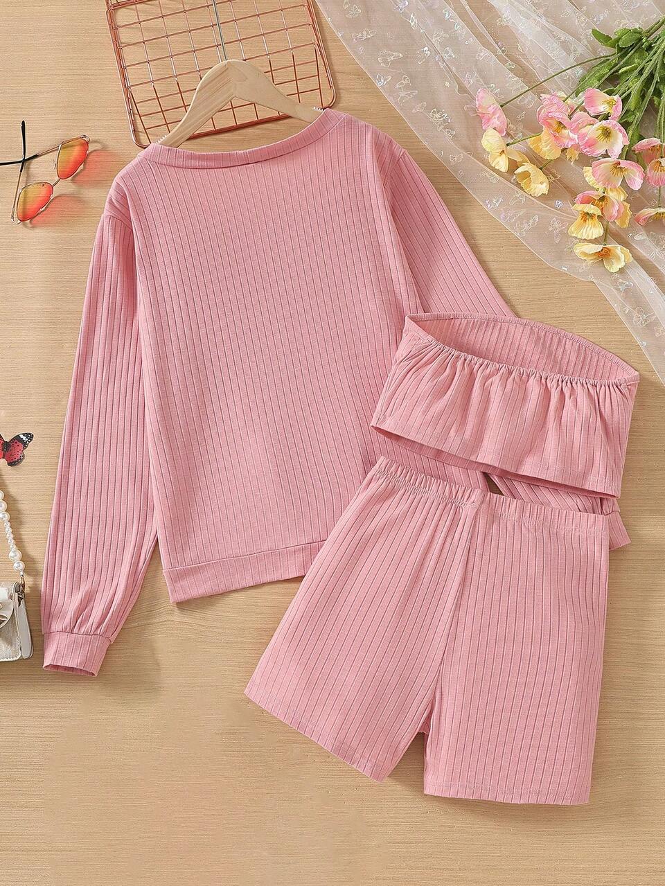 Teen Girls' Fashionable Home Outfit Set With Snug Shorts, A Vest, A Long-Sleeved Coat And A Shawl