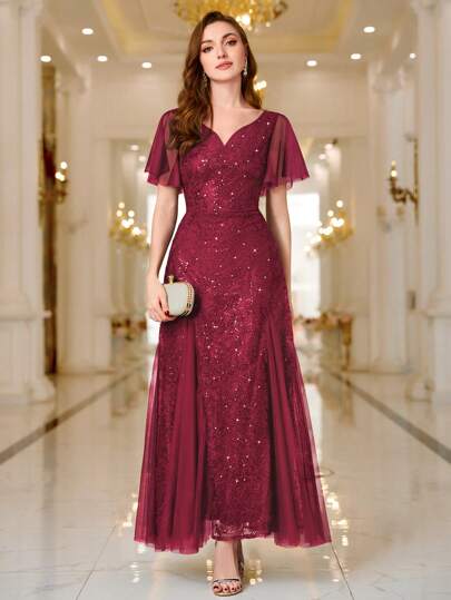 亮片蕾丝甜心领荷叶边袖晚会长裙、返校节礼服、婚礼宾客礼服，适合生日、正式活动、毕业典礼