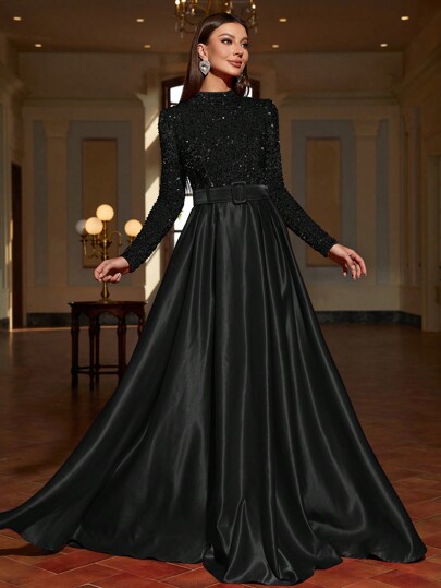 Faeriesty Vestido formal de satén con cuello alto y contraste de lentejuelas