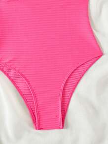 SHEIN Swim 女士简约粉色连体泳衣 - 玫紅色 - 查看 7