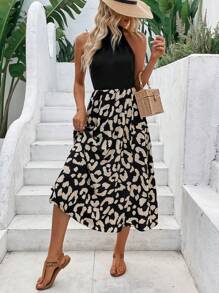 SHEIN LUNE Women's Splice Print Sleeveless Dress With Front Slit - Black - View 5