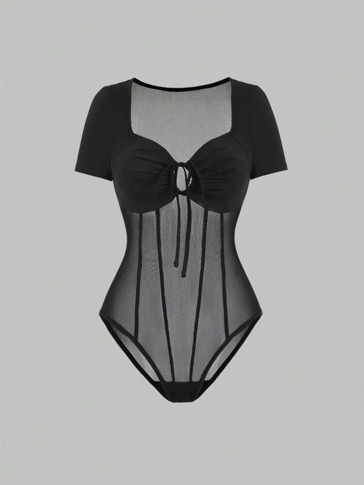 Mesh Contrast Hollow Out Bodysuit