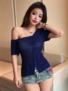 SHEIN Unity Women's Asymmetric Neckline Solid Color Cardigan - Navy Blue - View 4