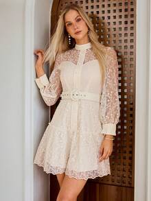 Simplee Women's Embroidered Mesh Dress - Apricot - View 7