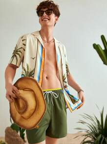 Manfinity BRENVOR 宽松男士椰子树提花休闲短袖衬衫，适合男朋友礼物，适合度假，海滩 - 彩色 - 查看 5