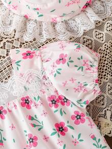 2入組舒適透氣快乾嬰兒女童花卉印花蕾絲裝飾泡泡短袖扣子連洋裝帽,適用於春夏 - 紅白色 - 查看 3