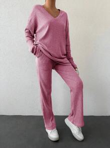 EURMUSE Women's Drop Shoulder Long T-shirt And Long Pants Set - Pink - View 3