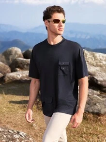 SHEIN In My Nature 男士圓領口袋裝飾休閒戶外長袖T恤，適用於登山服裝 - 藏蓝色 - 查看 4