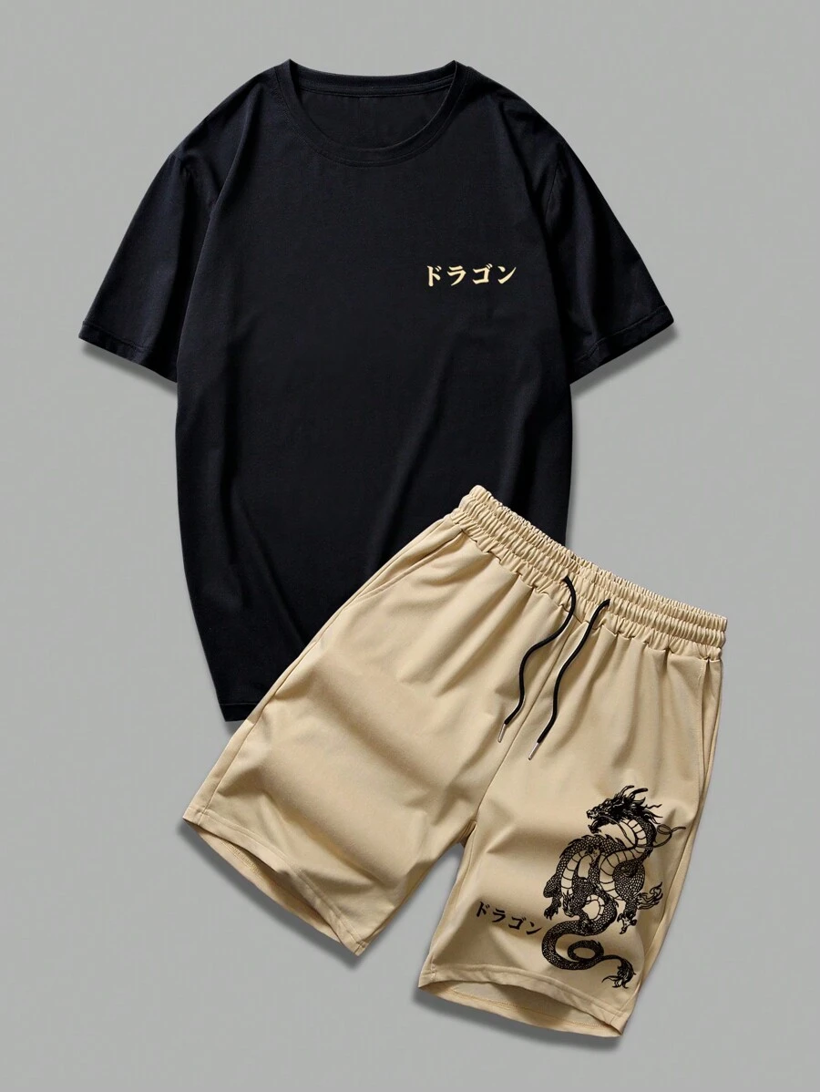 Manfinity Homme 男士字母图案休闲短袖 T 恤和中国龙图案抽绳腰短裤，男友礼物 - 彩色 - 查看 1