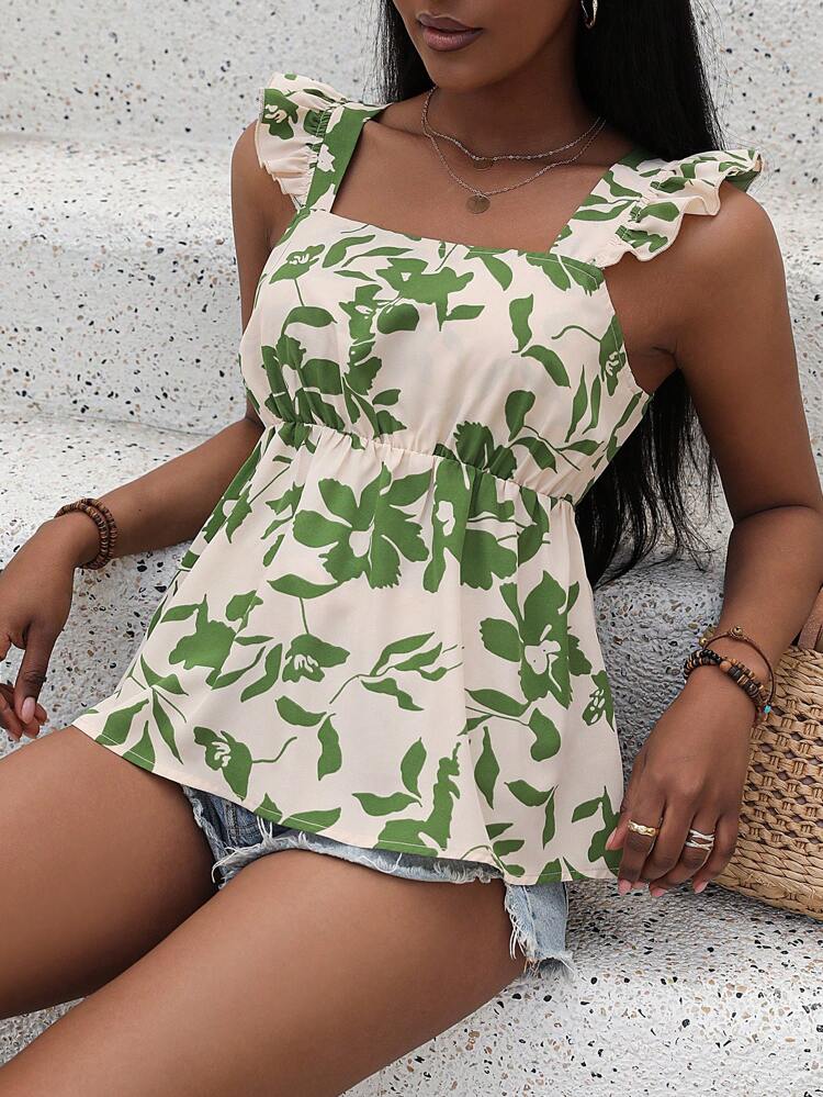 Women's Plant Printed Ruffle Strap Shirt Peplum Top