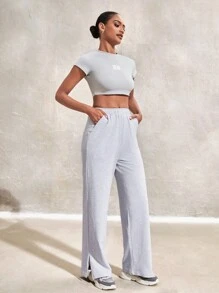 Easithlete Women's Digital Pattern Raglan Sleeve T-Shirt And High Waisted Pants Sportswear Set - Light Grey - View 6