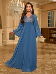 Sequined Chiffon Formal Evening Dress - Dusty Blue - View 9