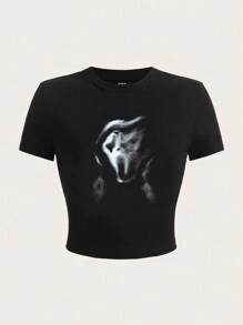 Muchica Blurred Skull Graphic Round Neck Short Sleeve Casual Slim Fit Cotton T-Shirt For Women