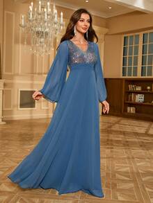 Sequined Chiffon Formal Evening Dress - Dusty Blue - View 8