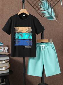 SHEIN Cậu bé Tween Bản in nhiệt đới Áo thun & Nút phía trước Bộ quần short - Nhiều màu - Xem 1