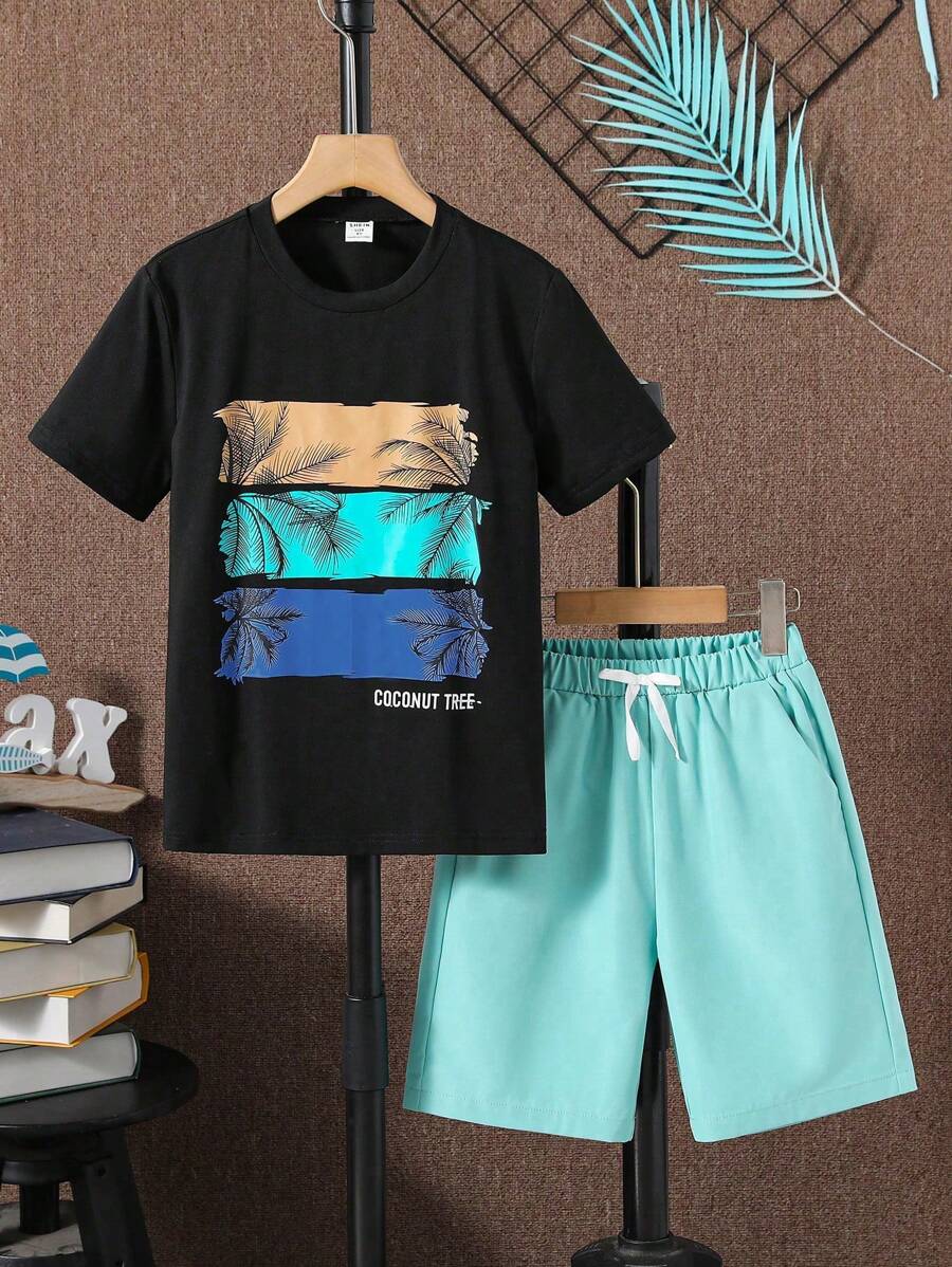 SHEIN Cậu bé Tween Bản in nhiệt đới Áo thun & Nút phía trước Bộ quần short - Nhiều màu - Xem 1