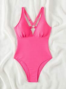 SHEIN Swim 女士简约粉色连体泳衣 - 玫紅色 - 查看 5