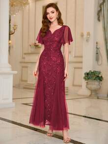 亮片蕾丝心形领口荷叶袖晚宴长裙，适合返校节、婚礼宾客、生日、正式场合、毕业典礼、情人节等场合。 - 紅色 - 查看 4