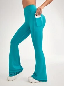 SHEIN Daily&Casual 女款純色高腰喇叭運動褲 - 綠色 - 查看 2