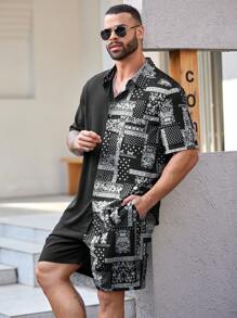 Manfinity Homme 2 cái/bộ Kích thước lớn Nam Dệt Giải trí Áo sơ mi Với In Khăn lụa - Đen và trắng - Xem 4