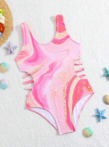 Traje De Baño De Una Sola Pieza Para Niña, Con Impresión Digital Aleatoria - Multicolor - Ver 1