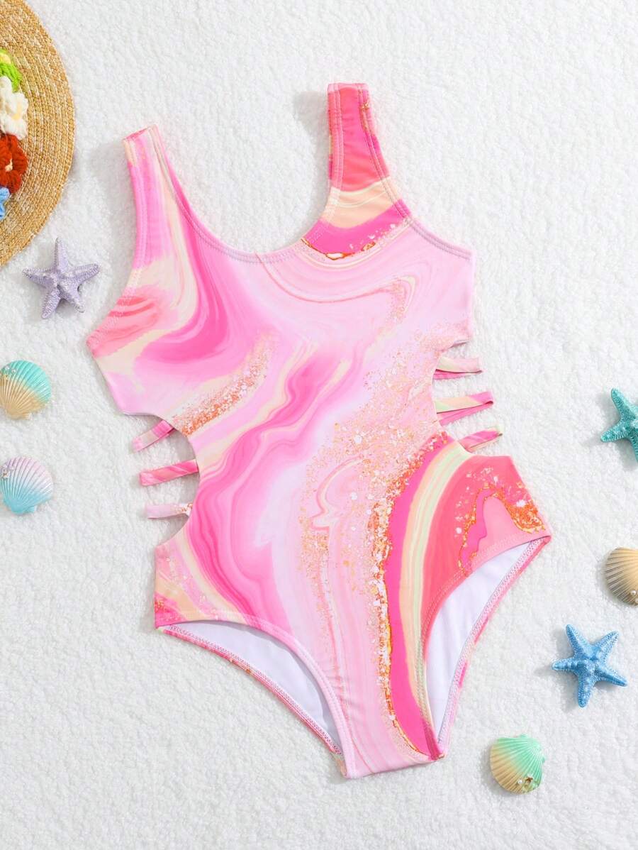 Traje De Baño De Una Sola Pieza Para Niña, Con Impresión Digital Aleatoria - Multicolor - Ver 1