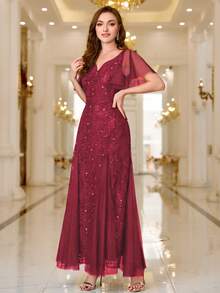 亮片蕾丝心形领口荷叶袖晚宴长裙，适合返校节、婚礼宾客、生日、正式场合、毕业典礼、情人节等场合。 - 紅色 - 查看 7