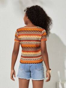 SHEIN 青少女日常休閒針織條紋和印花圓領長袖上衣 - 彩色 - 查看 2