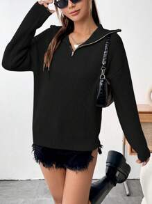 SHEIN Unity Của phụ nữ Màu thuần Dây kéo nửa Cái cổ Giải trí Áo len - màu đen - Xem 4