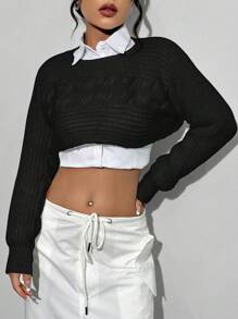 SHEIN Unity Women's Chunky Knit Cropped Sweater, Knit Pullover Fall Winter - Black - View 3