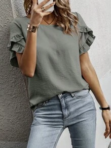 SHEIN Women's Round Neck Blouse With Puff Sleeves
