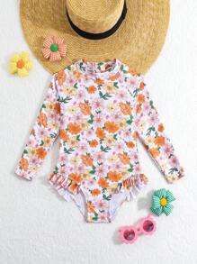 SHEIN Young Girl's Full Flower Print Raglan Long-Sleeved Swimwear With Ruffled Hem Detail