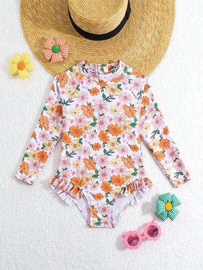 SHEIN Young Girl's Full Flower Print Raglan Long-Sleeved Swimwear With Ruffled Hem Detail