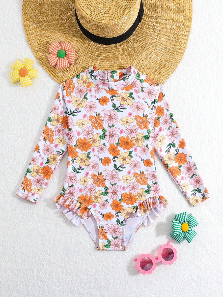 SHEIN Young Girl's Full Flower Print Raglan Long-Sleeved Swimwear With Ruffled Hem Detail