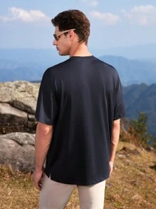 SHEIN In My Nature 男士圓領口袋裝飾休閒戶外長袖T恤，適用於登山服裝 - 藏蓝色 - 查看 2
