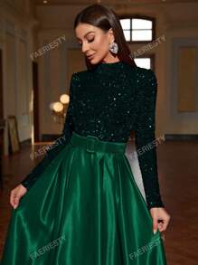 Faeriesty Faeriesty Mock Neck Contrast Sequin Satin Formal Dress