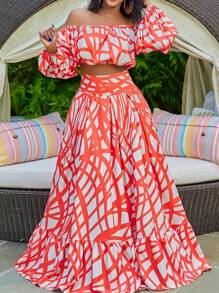 Set de 2 piezas para mujer con top hombros descubiertos rayas abstractas y falda con volantes en el bajo - Multicolor - Ver 1