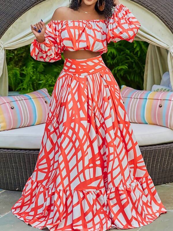 2pcs/Set Women Abstract Striped Off Shoulder Top And Ruffle Hem Skirt