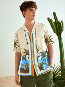 Manfinity BRENVOR 宽松男士椰子树提花休闲短袖衬衫，适合男朋友礼物，适合度假，海滩 - 彩色 - 查看 4