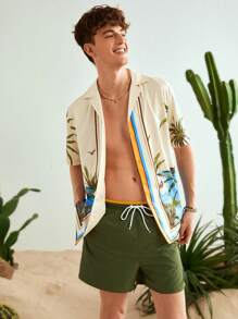 Manfinity BRENVOR 宽松男士椰子树提花休闲短袖衬衫，适合男朋友礼物，适合度假，海滩 - 彩色 - 查看 3