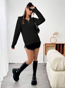 SHEIN Unity Của phụ nữ Màu thuần Dây kéo nửa Cái cổ Giải trí Áo len - màu đen - Xem 3