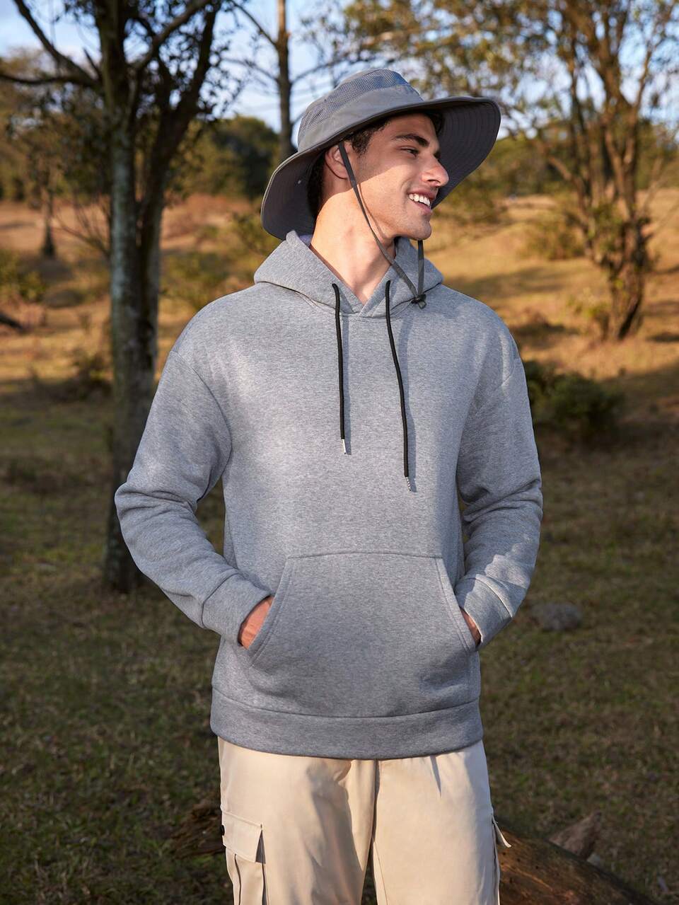 Men's Landscape & Letter Printed Drawstring Hooded Outdoor Sweatshirt
